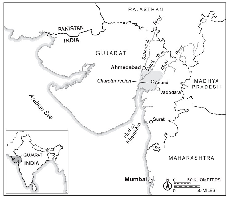 Map of Gujarat showing the Charotar region near Anand between the Mahi and Sabarmati rivers