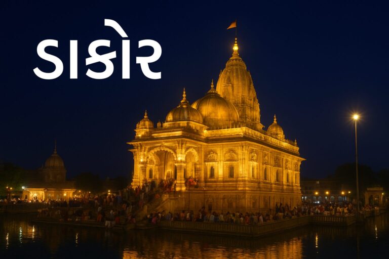 Night view of Shree Ranchhodraiji Temple in Dakor Gujarat illuminated with golden lights with devotees near the holy lake.