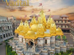 A majestic view of Vadtal Swaminarayan Mandir in Gujarat with golden domes and intricate architecture shining under a beautiful evening sky.