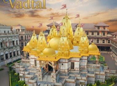 A majestic view of Vadtal Swaminarayan Mandir in Gujarat with golden domes and intricate architecture shining under a beautiful evening sky.