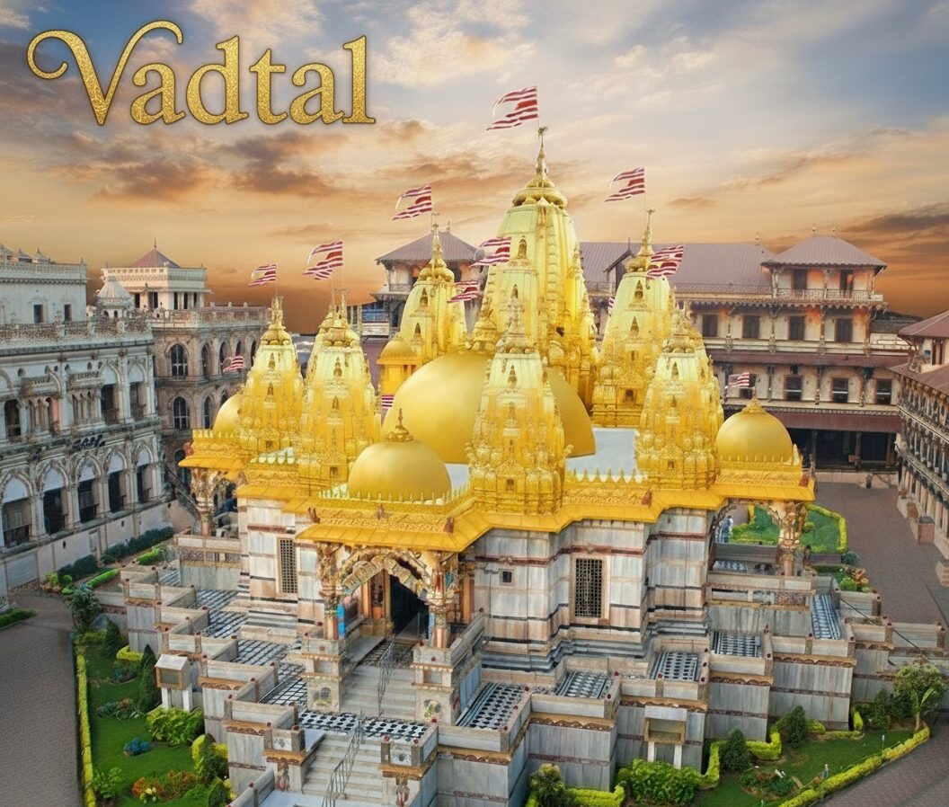 A majestic view of Vadtal Swaminarayan Mandir in Gujarat with golden domes and intricate architecture shining under a beautiful evening sky.