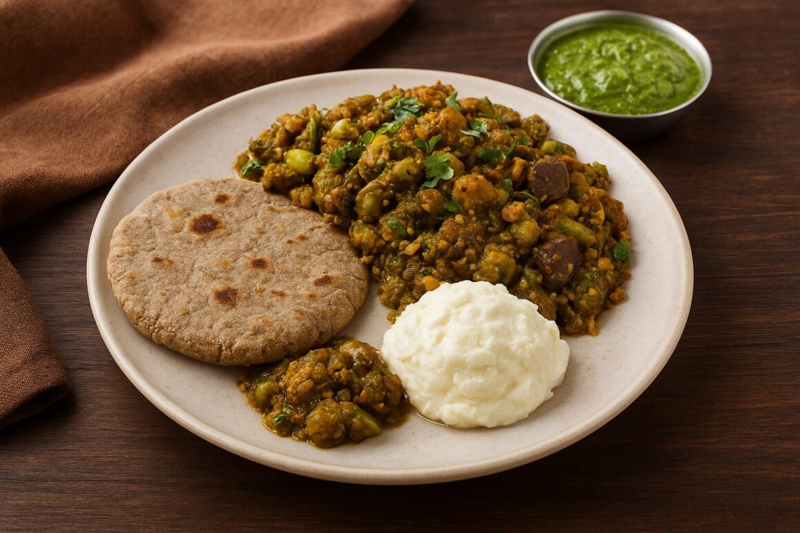 A plate of traditional Gujarati winter food featuring Undhiyu, Bajra Rotla, fresh green chutney, and creamy Makhan served on a rustic wooden table.