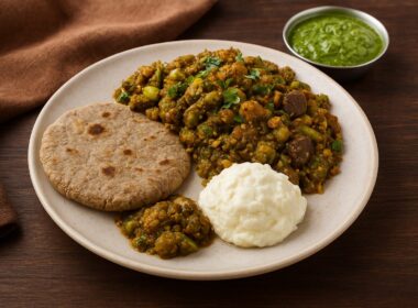 A plate of traditional Gujarati winter food featuring Undhiyu, Bajra Rotla, fresh green chutney, and creamy Makhan served on a rustic wooden table.