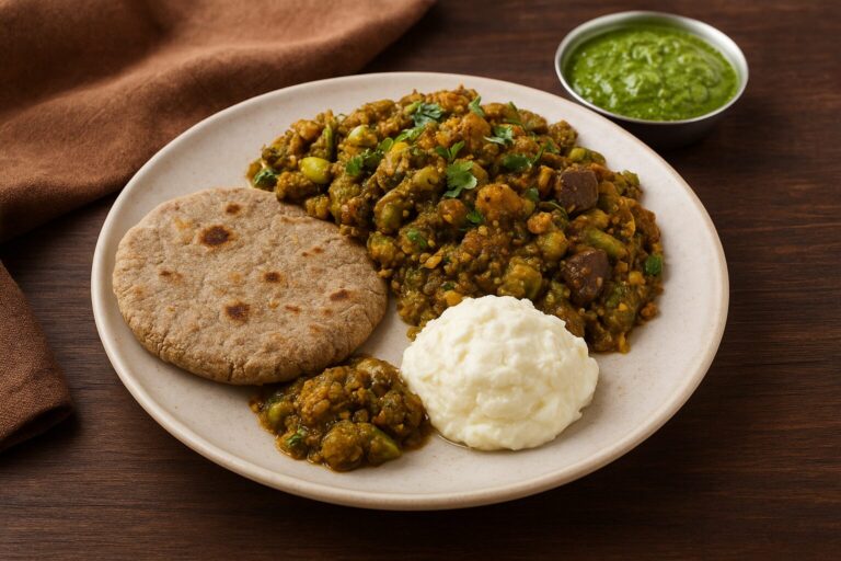 A plate of traditional Gujarati winter food featuring Undhiyu, Bajra Rotla, fresh green chutney, and creamy Makhan served on a rustic wooden table.