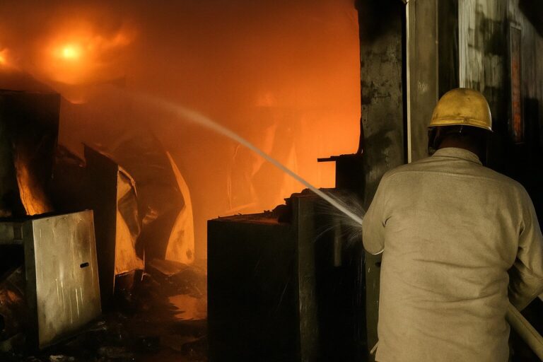 Firefighter dousing flames during the fire accident at Sanket India warehouse in Anand, Gujarat.